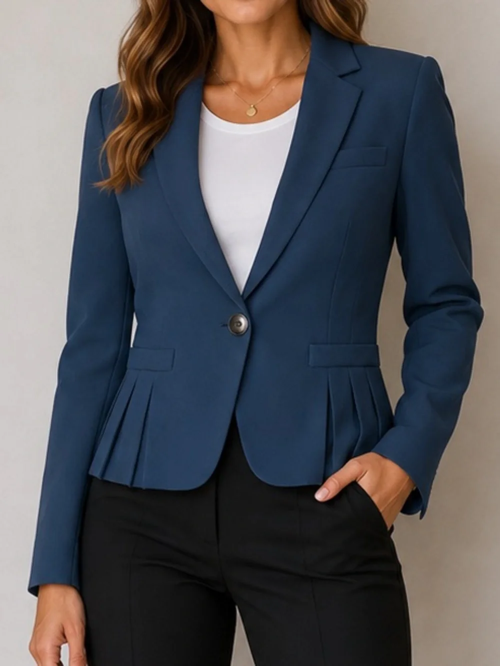 Calvin Klein Blue Pleated Peplum One Button Tailored Blazer Jacket Size 8